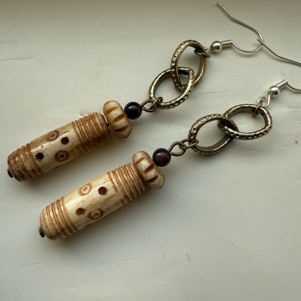 Vintage Bone and Garnet Dangle Earrings